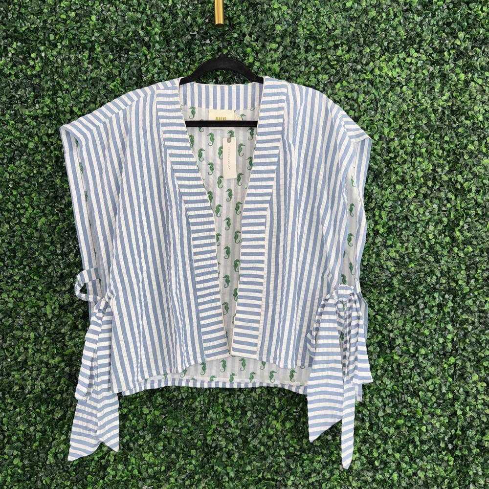 Maeve Anthropologie Cover Up Vest Blue & White Stripe Seahorse Lining Seersucker